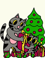 Cat mom and cat son with christmas gifts
