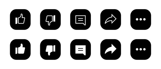 Like, dislike, comment, share and more menu. Icon set of streaming app
