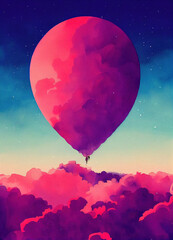 Large pink balloon in the clouds, illustration painted in oils and watercolor