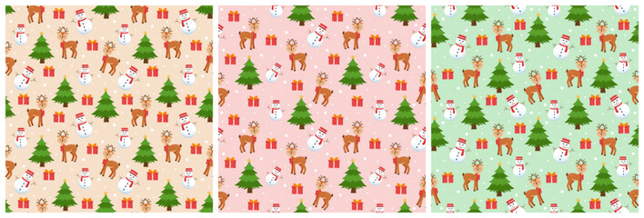Set of Christmas Background Seamless Pattern Design With Santa Claus, Tree, Snowman And Gifts in Template Hand Drawn Cartoon Flat Illustration