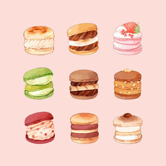 Set of macaroons with different flavors and fillings. Hand drawn watercolor vector illustration