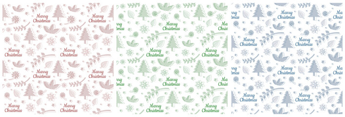 Set of Christmas Background Seamless Pattern Design With Santa Claus, Tree, Snowman And Gifts in Template Hand Drawn Cartoon Flat Illustration