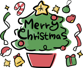 クリスマスメッセージカード、可愛い手書きのベクターイラスト素材、クリスマスツリー