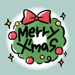 クリスマスメッセージカード、可愛い手書きのベクターイラスト素材、クリスマスリース