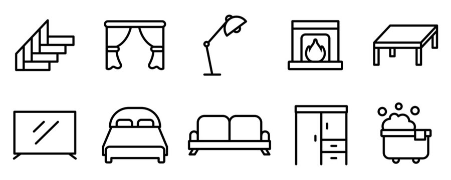 Conjunto de iconos de muebles y artefactos de casa. Apartamento, dormitorio, armario, ba&ntilde;o, comedor, tecnolog&iacute;a, chimenea. Ilustraci&oacute;n vectorial