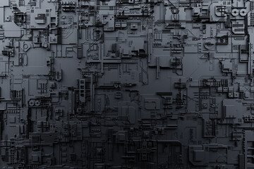 3d illustration close-up of a military technological upholstery made of metal, a pattern in the form of a metal, technological coating of a spacecraft or robot