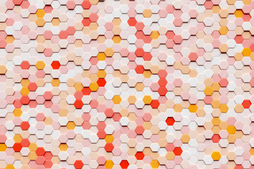 3d illustration of a yellow and orange  honeycomb monochrome honeycomb for honey. Pattern of simple geometric hexagonal shapes, mosaic background. Bee honeycomb concept, Beehive