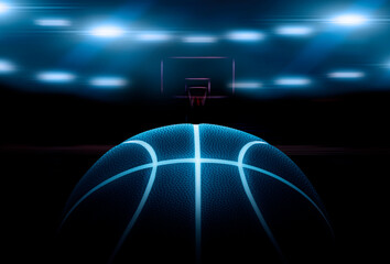 3D rendering of single black basketball with bright blue glowing neon lines in under illuminated floodlights. 3d render