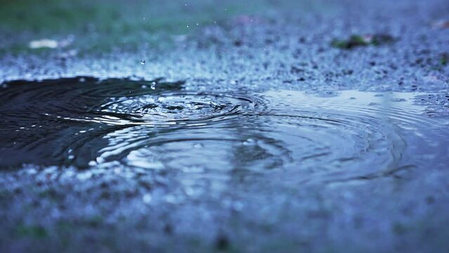 Multiple water drops falling in a puddle on the concrete. Slowmotion camera.