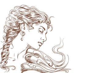 drawing of a woman with long hair digital art for card illustration decoration