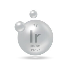 Iridium molecule models silver and chemical formulas scientific element. Natural gas. Ecology and biochemistry concept. Isolated spheres on white background. 3D Vector Illustration.