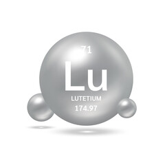 Lutetium molecule models silver and chemical formulas scientific element. Natural gas. Ecology and biochemistry concept. Isolated spheres on white background. 3D Vector Illustration.