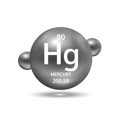 Mercury molecule models black silver and chemical formulas scientific element. Natural gas. Ecology and biochemistry concept. Isolated spheres on white background. 3D Vector Illustration.