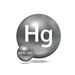 Mercury molecule models black silver and chemical formulas scientific element. Natural gas. Ecology and biochemistry concept. Isolated spheres on white background. 3D Vector Illustration.