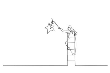 Cartoon of arab businessman climbing up ladder to the top high into the sky to grab the star. Single line art style