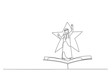 Illustration of arab businessman standing on flying book on star. Single continuous line art style
