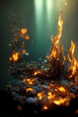 Flame burning in the deep sea on Blurred background, abstract illustration of underwater Fire