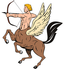 Illustration of centaur with bow and arrow shooting. - obrazy, fototapety, plakaty