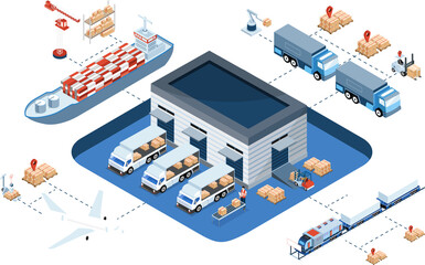 Isometric 3D Smart global logistics delivery tracking system on smartphone concept with export, import, warehouse business and transportation truck use wireless technoloty. Clipart Transparent PNG
