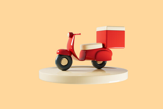 Pizza delivery red bike on yellow podium 3d render.