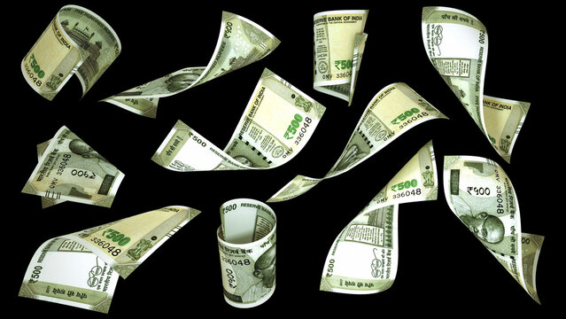 3D rendering of 500 Indian rupee notes flying in different angles and orientations isolated on black background