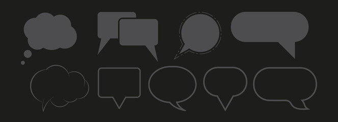 Nine different forms for dialogue and thoughts. Gray on black. Night mode. Flat vector illustration isolated on black background.