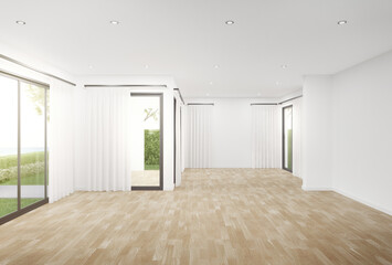 Interior design 3D rendering of modern office or apartment. Wooden parquet floor empty room and white wall.