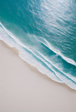 Aerial View of Baby Blue Ocean Water Waves Rolling Onto a White Beach Background Wallpaper Design Texture | Created Using Midjourney + Photoshop