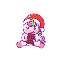cute unicorn cartoon character eating chocolate

