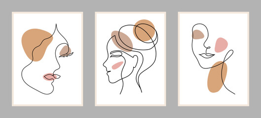 Set of posters with women's portraits in the style of line art with color spots