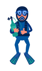 Cute diver with flippers and cartoon-style oxygen tank. Hobbies and sports. Character for postcards, books, posters. Vector illustration, isolated icon on white background.