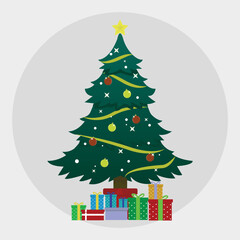 Christmas sparkling bright tree with star. Merry Christmas and Happy New Year. , light garlands, bauble ball, Gift box, surprise gifts, gold confetti. christmas ornament.  Vector illustration