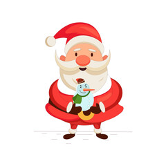 Santa claus christmas character vector greeting card concept. Merry christmas greeting text with santa claus, snowman in white background. Vector illustration.