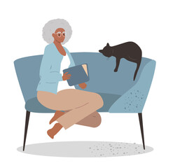 vector illustration in flat style. an elderly woman is reading a book. cat sleeping on the couch