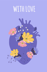 vector illustration in flat style. template for a postcard. heart with flowers and the inscription "with love"