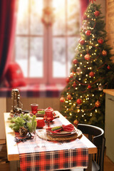 Christmas and New Year 2023, a beautiful setting of the New Year's table in red, against the background of a decorated Christmas tree and a window with a winter landscape