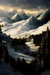 Beautiful winter landscape with mountains in the background