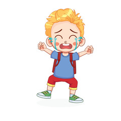 Crying kid boy wearing a backpack vector illustration. The kid boy goes to school.