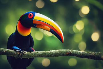 Toucan sitting on the branch in the forest. Nature travel in central America. Keel-billed Toucan,...