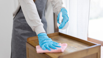 Housewife is cleaning things and Storage cabinet or showcase in the living room, Big cleaning,...