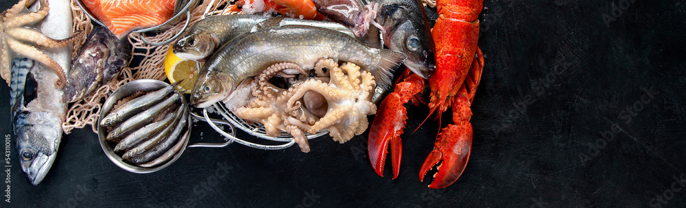 Poster Fresh fish and seafood assortment