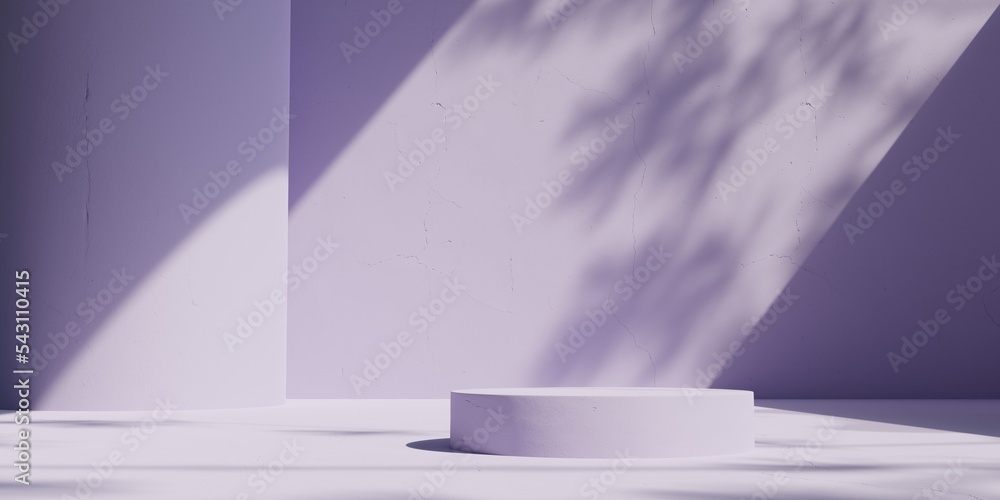 Poster light purple cylindrical podium product display on a pale purple background with morning light shini