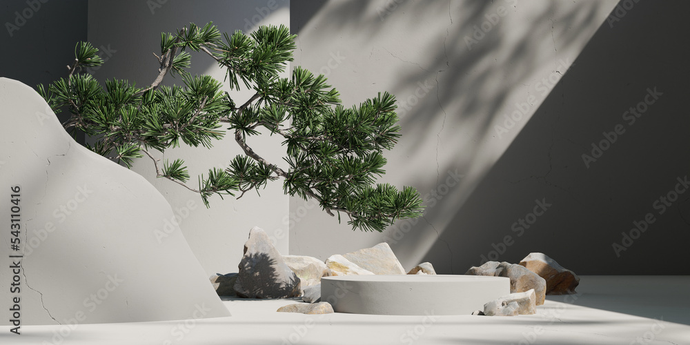 Poster White cylindrical concrete Podium Product display on a soft white background. Decorated with Japanese bonsai trees and rocks with the morning light shining down.3D rendering
