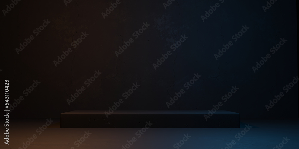 Poster platform product display with black stand podium on dark cracked concrete room background. blank exh