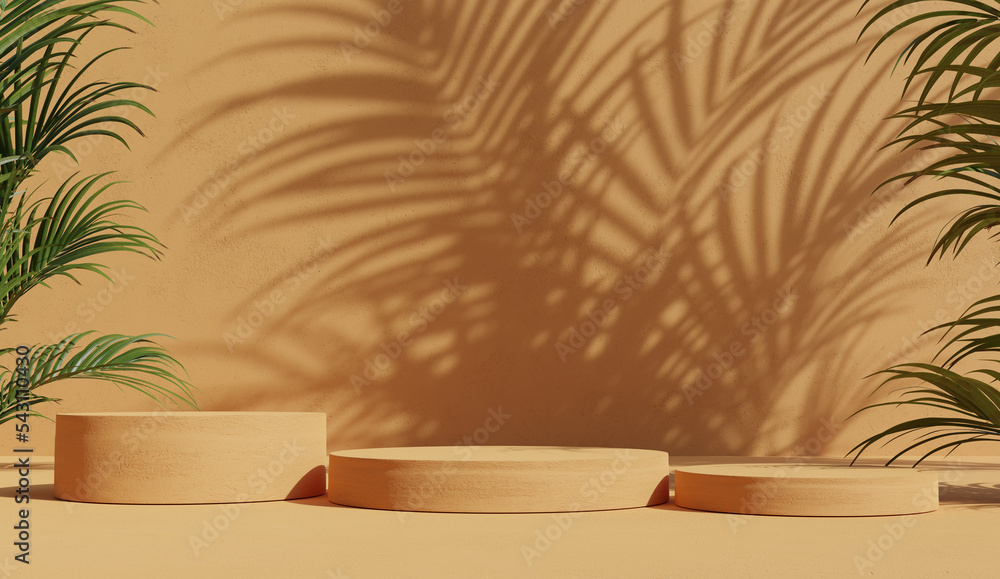 Poster orange cylindrical podium product display on a orange background decorated with arapica palms.shadow