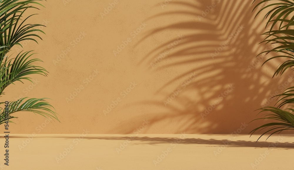 Poster orange platform display background decorated with arapica palms.shadows of leaves. 3d rendering