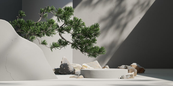 White cylindrical concrete Podium Product display on a soft white background. Decorated with Japanese bonsai trees and rocks with the morning light shining down.3D rendering