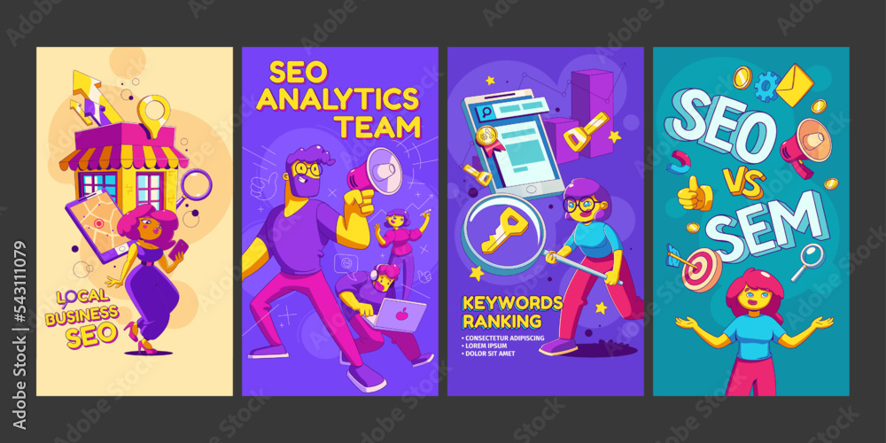 Poster keywords ranking, seo analytics team, comprasion with sem and local search engine optimization conce