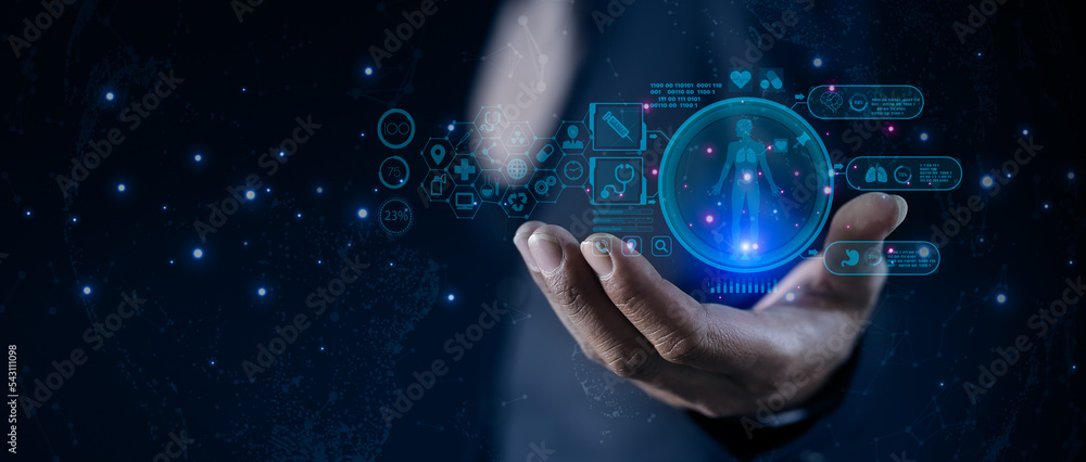 Poster double exposure of business hand working on artificial intelligence and holographic interface networ