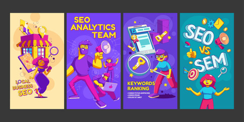 Keywords ranking, SEO analytics team, comprasion with SEM and local search engine optimization concept. Stories template for social media with people work in SEO agency, vector illustration